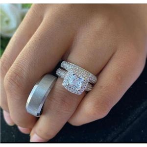 Luxury White Diamond Wedding Ring Complete Couple Set -plated
