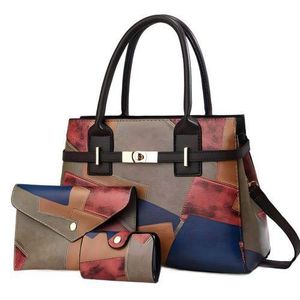 3-in-1 Luxury Women's Patchwork Handbag Set – Elegant Vintage Geometric Print Top-Handle Tote Bag, Crossbody Clutch & Card Holder Wallet