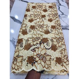 Cream Embroidered Lace Fabric  Brown Floral Design with Scalloped Border