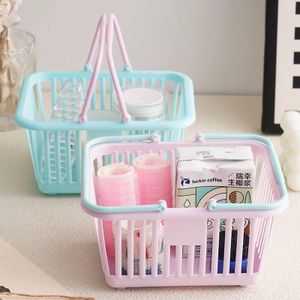 2-Piece Mini Pastel Storage Basket Set with Handles – Pink & Mint Blue Desktop Organizer for Cosmetics, Bathroom, Desk With Free 2pcs Wall Adhesive Hooks