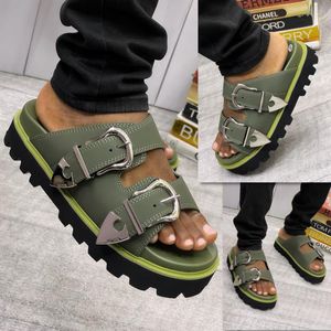 Genetic Men’s Chunky Buckle Slippers – Green Thick Sole Casual & Street Style Slides