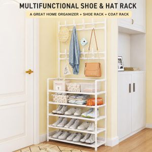 5 Tier 3-in-1 Shoe Rack with Double Row Hooks Multifunctional Coat Hat Storage Organizer