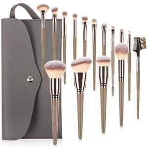 KnMn 15PCS Brown Makeup Brush Set - Professional Fiber Brushes with Bag