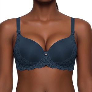 Binnys Glamour Navy Blue Bra, Breathable Floral Lace, Adjustable Strap, Full-coverage cup,Non-removable pads, Soft Support Underwire, Comfort Everyday Bra for Women 