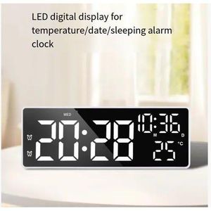 Digital wall clock with a 7-inch LED display that shows the date, day of the week, and temperature.