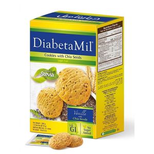 Diabetamil Vanilla Sugar Free Cookies with Chia Seeds & Stevia 200g (10 Sachets x 20g) - Low GI Diabetic Snacks