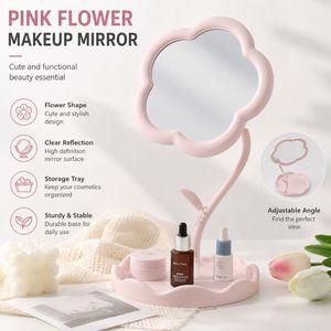 Pink Flower Vanity Makeup Mirror with Storage Tray, Adjustable Desktop Cosmetic Mirror for Dressing Table, Bedroom & Daily Beauty Use