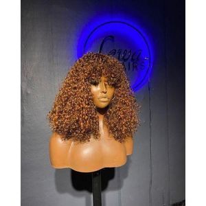 Caramel Brown Highlight Curly Bang Wig