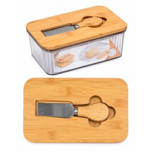 Bamboo Cheese Board & Knife Set With Clear Storage Box 