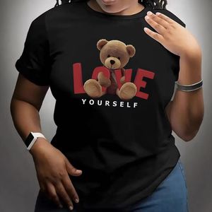 Lovely Bear Design Casual Short Sleeve T-Shirt for Ladies - Black