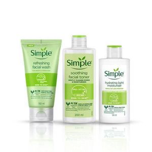Simple Kind to Skin skincare products, including a facial wash, toner, and light moisturizer.