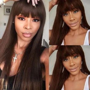 Chocolate Brown Bone Straight Bang Fringe Wig
