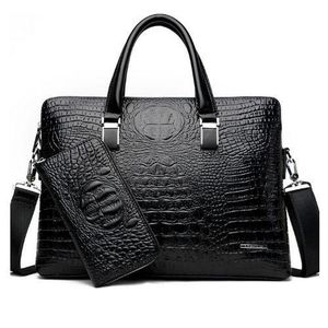 Crocodile handbag, men's briefcase, men's business bag, computer bag, horizontal double zipper, document bag, shoulder crossbody bag