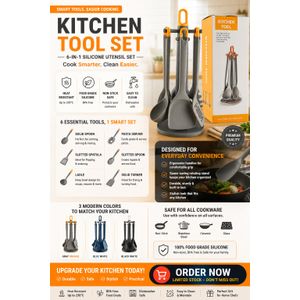 6-in-1 Silicone Kitchen Utensil Set with Rotating Stand – Heat Resistant, Non-Stick Safe & Dishwasher Friendly – BPA-Free Food Grade Material 
