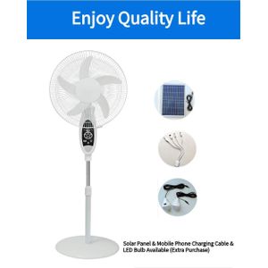 Solar power 16 Inch Solar Rechargeable Remote Control AC/DC Floor Stand Solar Fan with Solar Panel, LED Light & USB Charging.