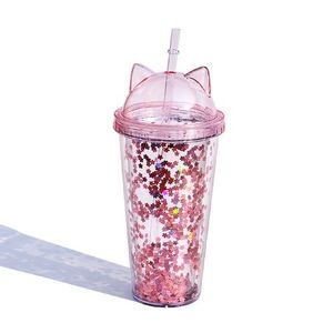 Portable Reusable PP Straw Cup Water Bottle Cup with straw Sequined Glitter  Drinking Cup Juice tumbler Cup Straw Mug Drinkware