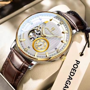 POEDAGAR Extremely Sophisticated & Premium Mechanical Magnetic Brown Leather Wristwatch For Classy Men