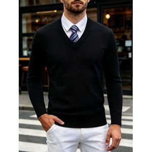 Men's Solid Color Casual Knit V-Neck Pullover, Long Sleeve Basic Sweater
