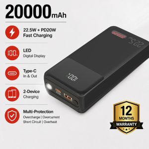 POOLEE Energize20 20000mAh 22.5W Fast Charging Power Bank with Digital Display, Dual USB & Type-C Portable Charger