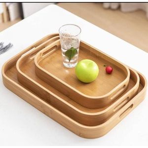 Name: Three Piece Bamboo Wooden Serving Tray Set with Cutout Handles