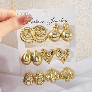 No Band Enacolor 6Pairs/Set Retro Female Gold Acrylic CCB Spiral Heart-shaped Water Drop Geometry Hoop Earrings Vintage Circle Earings Accessories Girl Ins Jewelry