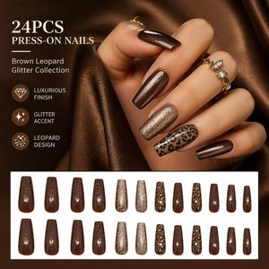 Baolihua 24PCS Wearing Nails Brown Glitter & Leopard Print Press On Nails, Removable Manicure Set