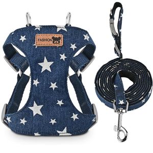 Denim Dog Chest Harness & Leash Set - 2Pcs Star Breathable Mesh Vest Harness (Blue, XL)