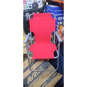 red foldable leisure camping chair with a silver metal frame and armrests