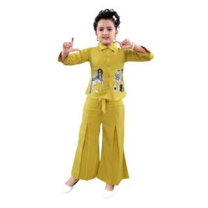 Girls' 2-Piece Graphic Print Long-Sleeve Shirt and Tie-Front Palazzo Set – Mustard Yellow
