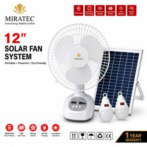 Miratec     12-Inch Solar Rechargeable Fan System with 10,000mAh Lithium Battery, 12W Solar Panel & Dual LED Bulbs