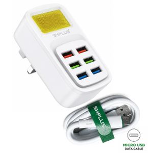 SHPLUS 6-Port USB Super Fast Wall Charger With LED Lamp + FREE Micro USB Data Cable – Multi USB Charging Adapter For Smartphones, Tablets & USB Devices