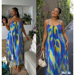 Women's Sleeveless Printed Maxi Dress – Blue Multi-Color