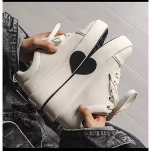 Women's Low-Platform Heart Patch Sneakers - Off-White Leather Casual Walking Shoes