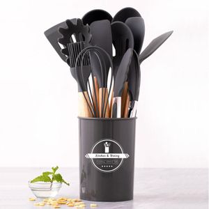 12Pcs Silicone Cooking Utensils Set – Non-Stick, Heat Resistant, Wooden Handle -Gray