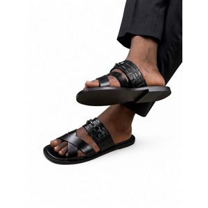 Men's Black leather sandals quality slippers 