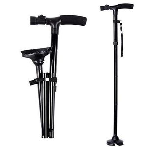 Adjustable Folding Walking Cane with Built-in LED Torch Light – Lightweight Travel Mobility Aid with Non-Slip Quad Base for Elderly & Injury Support