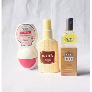 Perfume Gift Set Combo of 3 in 1 of Tag White Roll On 50ml, Xtra Yellow Woody Body Spray 50ml and Mako Oud Petal Oil Perfume 5ml (Unisex Daily Hand Use), NAFDAC Number: Roll On: A2-105061, Spray: A2-102698, EDP: A2-105046