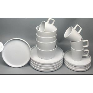 16PCS Premium Ceramic Dinner Set – 4 Dinner Plates, 4 Bowls, 4 Cups & 4 Side Plates – White Stoneware Tableware Set