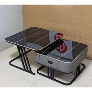 Modern Nesting Coffee Table Set - 2 Pieces - Marble Top with Storage Drawer - Grey & Black