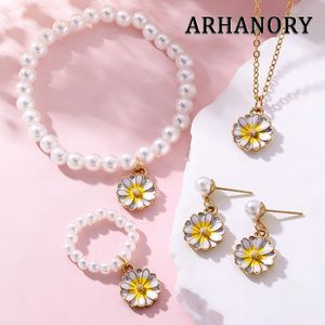 ARHANORY Women's Jewelry Set Ladies Necklace Daisy Faux Pearl Bracelet Ring Earrings Pendant Chain
