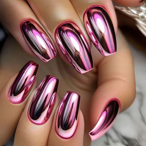 Pink Press on Nails Medium Length Coffin Artificial Nails with Chrome Plating Design Glossy Shiny Full Cover on Nails Laser Acrylic Stick on Nail Gradient False Nail for Women Girl 24Pcs