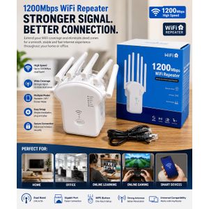 1200Mbps 5G Dual Band WiFi Repeater with 4 External Antennas, Wireless Network Range Extender, 2.4GHz & 5GHz, WPS Setup, RJ45 LAN Port, Repeater/AP Mode, White