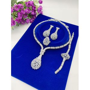 Longchain  Premium Classy Silver Sophisticated Diamond Iced Silver Bracelet/Ear-ring/Ring & Necklace Set