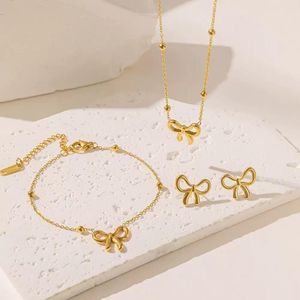 Women Gold Bow Jewelry Set – Necklace, Bracelet & Stud Earrings Set