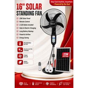 YOBOLIFE Top Selling 16" AC/DC Rechargeable LiFePO4 Standing Solar Fan/ Remote/22W Panel & With 2Bulbs For Home And Office