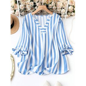 ROSA FERA Women Striped Blouse, V Neck 3/4 Sleeve Bow Cuff Loose Casual Ladies Top