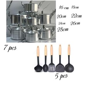7 pcs alluminium cookware set plus non stick cooking spoon set__ pot size __16cm, 18cm,20cm,22cm,24cm,26cm,28cm plus 5 pcs spoon set