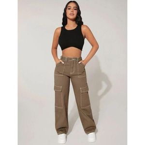 Solid Cargo Pant Mocha Brown  With Free Scrunchies