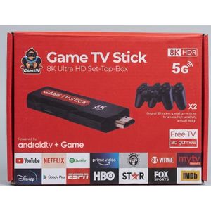 Game TV Stick 8K Ultra HD Set-Top-Box – Android TV + Games (Dual Wireless Controllers, 5G Support)