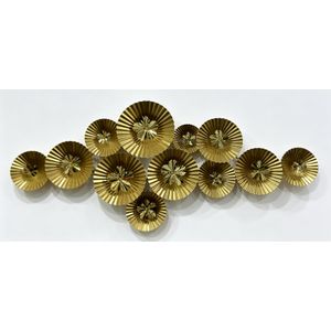 Modern gold wall art piece made of layered circular metal discs with pleated textures and floral centers.